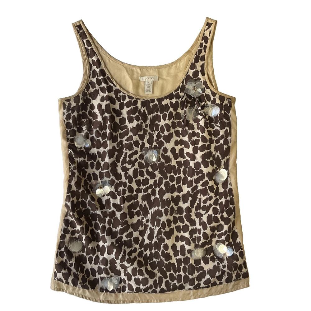 J.crew Women Tank Top 0 Brown Silk Animal Print Beaded Sequin Scoop Neck Side